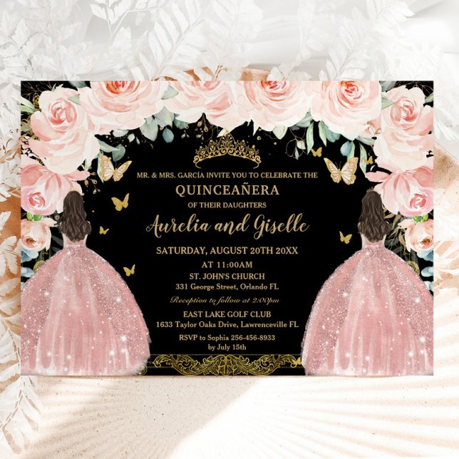 Convite Gêmeos Quinceañera Princesa Blush Dourado Floral (blush pink floral rose gold dress twins princesses quinceanera sweet 16 birthday invitation cards)