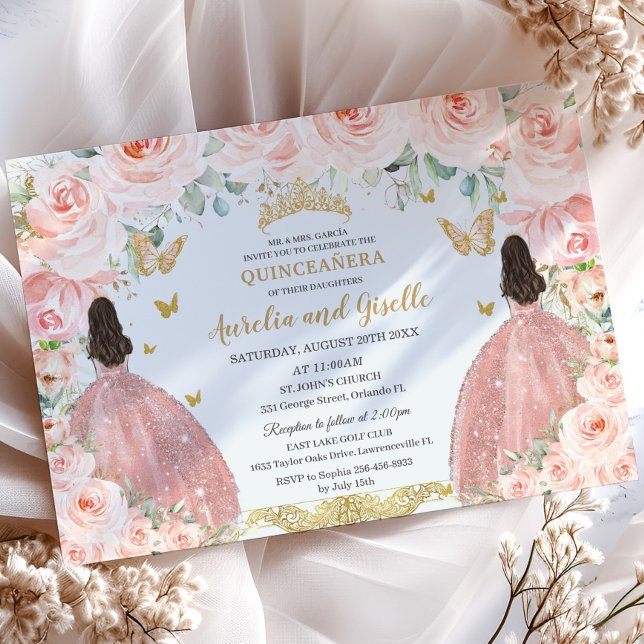 Convite Gêmeos Quinceañera Princesses Blush Floral Dourado (elegant-blush-pink-floral-twins-princesses-rose-gold-dress-brunette-joint-sisters-quinceanera invite)