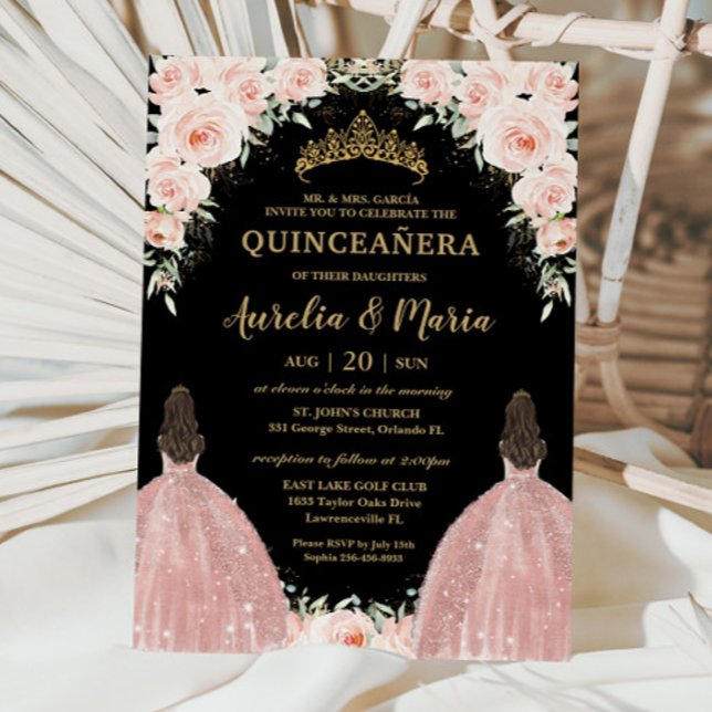 Convite Gêmeos Quinceañera Soft Blush Rosas Florais Flores (blush pink floral twins joint quinceanera 15 xv birthday brunette girls in rose gold dresses invites)