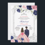 Convite Gêmeos Rosa e Marinho Silver Floral Azul Quinceañe<br><div class="desc">Gêmeos EDITÁVEIS Rosa e Marinho Azul Prata Floral Quinceañera Convite Príncipe Elegante e Princesa 15 Años,  Coroa Prateada Gêmeas Reais Convidam Mis Qunce,  Convite Quinceañero</div>