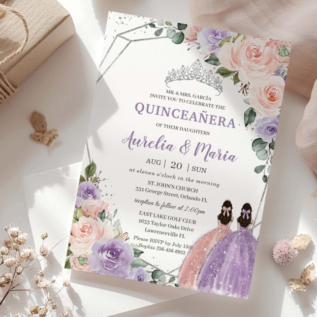 Convite Gêmeos Rosa Florais Roxos Silver Quinceañera (Criador carregado)