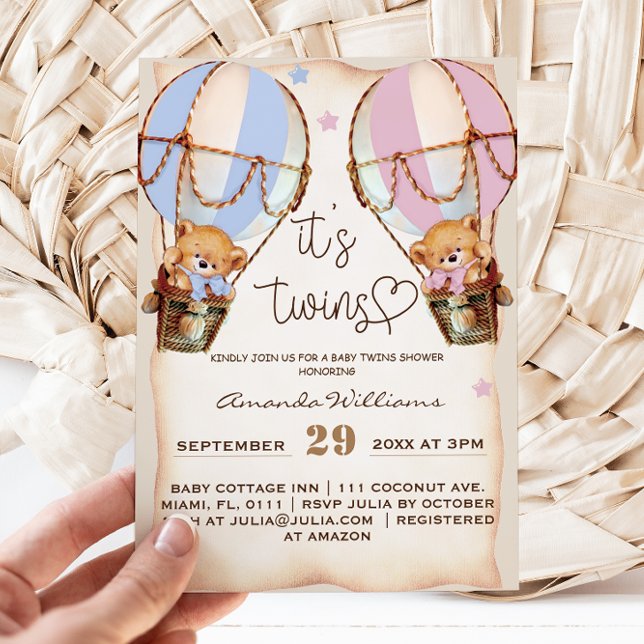 Convite Gêmeos Rustic Bear Boy & Girl Pink Blue Chá de fra (Criador carregado)