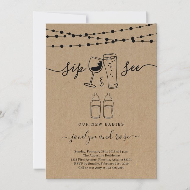 Convite Gêmeos Sip & Veja Vinho e Brinde de Bebê (Frente)