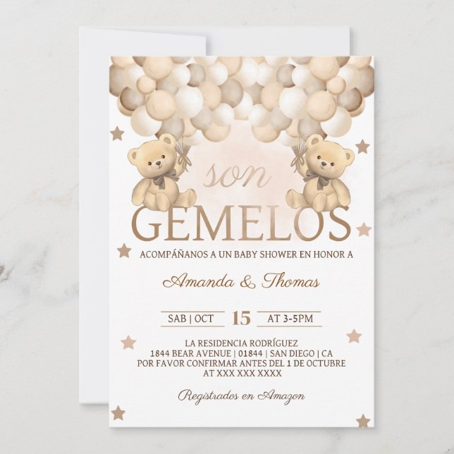 Convite Gêmeos Urso Chuveiro de Bebê Espanhol Gemelos (Frente)