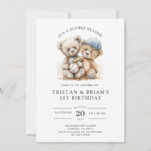 Convite Gêmeos Urso de Pelúcia Aquarela Aniversário de 1 a