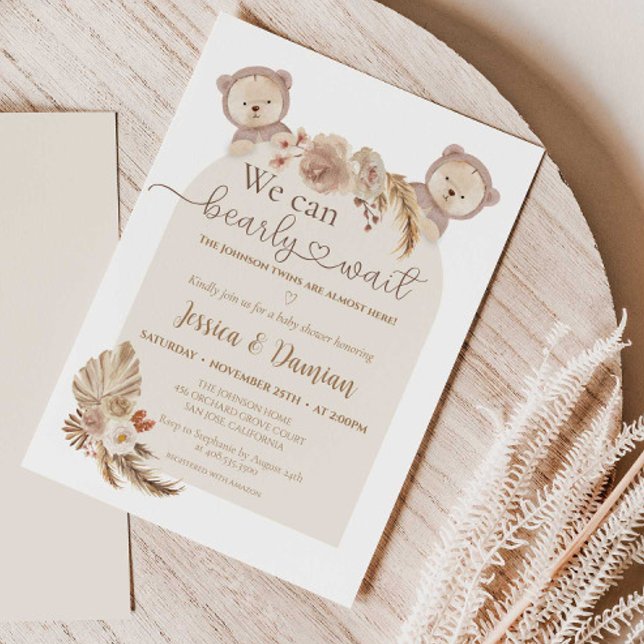Convite Gêmeos, Urso De Teddy, Podemos Banhar Chá de frald (We Can Bearly Wait for Twins Boho Baby Shower Invitation)