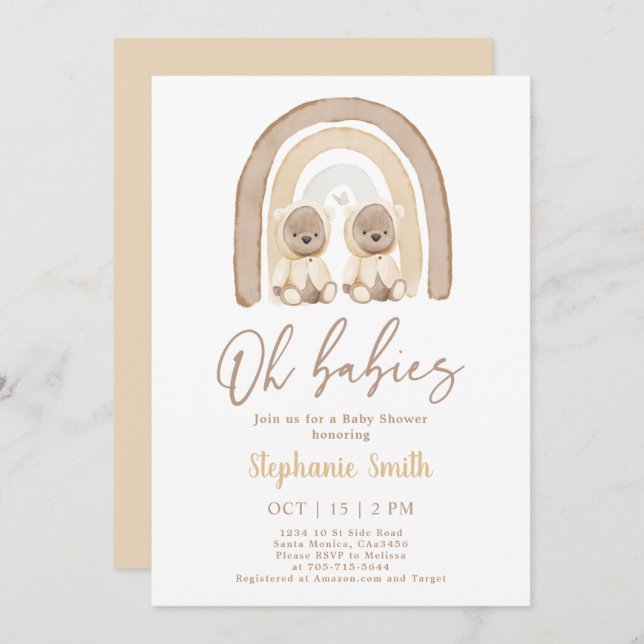 Convite Gêmeos Ursos Teddy Chá de fraldas Arco-Íris Convit (Frente/Verso)