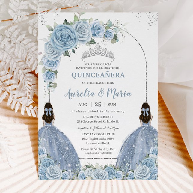 Convite Gêmeos Vestido Floral Azul Silver Quinceañera (Criador carregado)