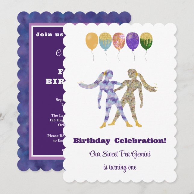 Convite Gemini 1st Birthday Impressionist Gold Glitter (Frente/Verso)