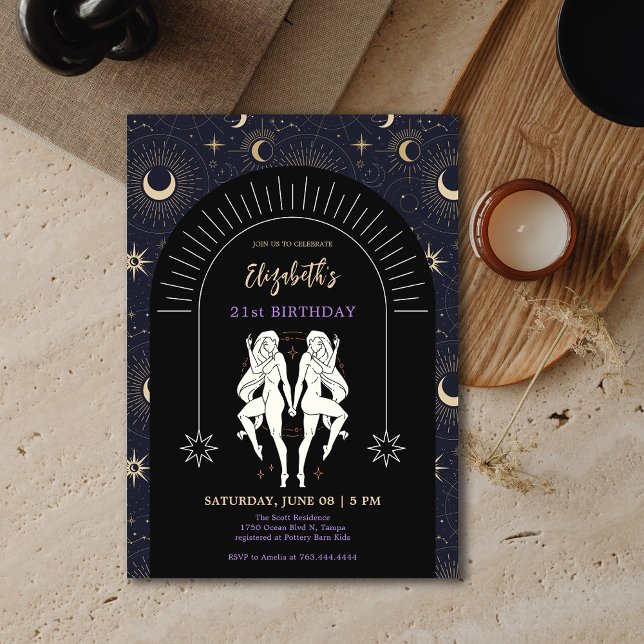 Convite Gemini preto aniversário de 21 anos (Black Mystic Gemini Zodiac 21st Birthday Invitation)