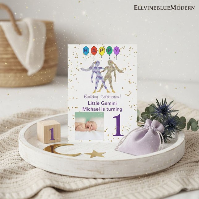 Convite Gemini Primeiro Aniversário Dourado, Balões e Foto (Criador carregado)