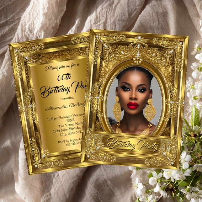 Convite Gems Douradas da Festa de aniversário de Fotos Ele (Criador carregado)