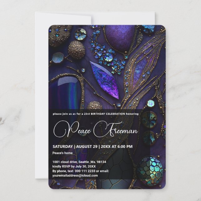 Convite Gemstones Cristais Iridescentes, Roxo, Violeta, Do (Frente)