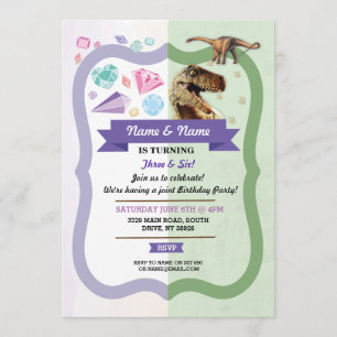 Convite Gemstones & Dinossauro Garota Jovem Comum Gemas de