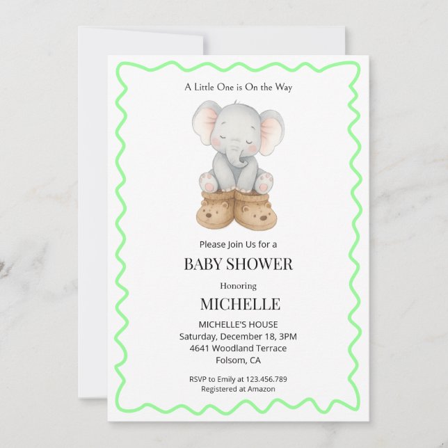 Convite Gender Neutral Baby Elephant Baby Shower (Frente)