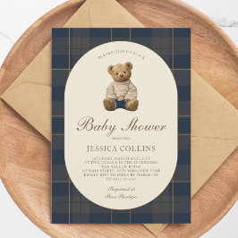 Convite Gender Neutral Brown Blue Teddy Bear Baby Shower