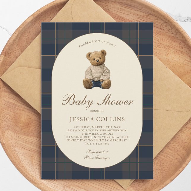 Convite Gender Neutral Brown Blue Teddy Bear Baby Shower (Gender Neutral Brown Blue Teddy Bear Baby Shower Invitation)