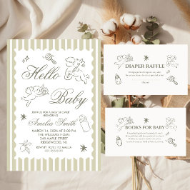 Convite Gender Neutral doodle cupid Baby Shower Green