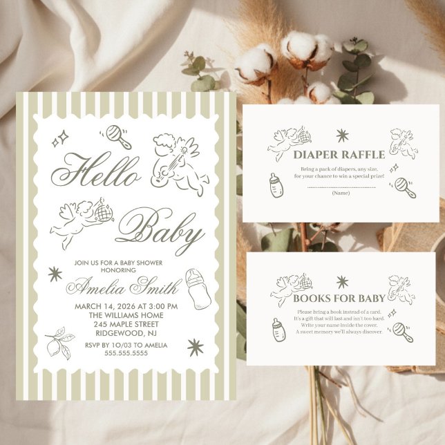 Convite Gender Neutral doodle cupid Baby Shower Green (Criador carregado)