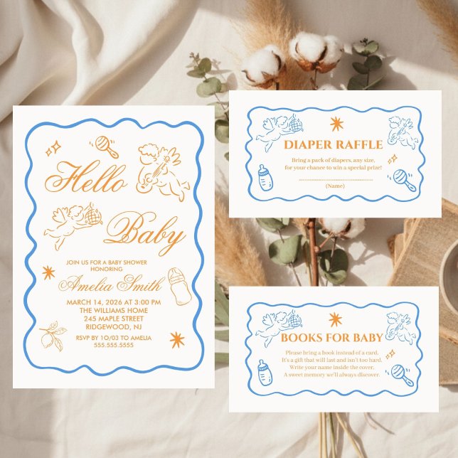 Convite Gender Neutral doodle cupid Baby Shower Invitation (Criador carregado)