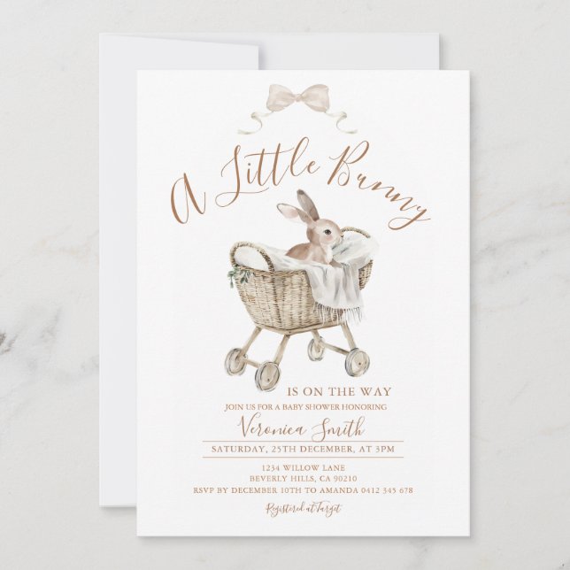 Convite Gender Neutral Ivory Beige Bunny Baby Shower (Frente)