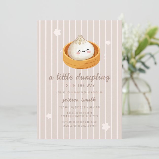 Convite Gender Neutral Stripe Asian Dumpling Baby Shower  (Em pé/Frente)