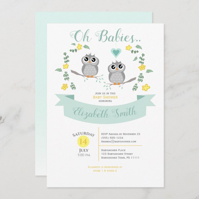 Convite Gender neutral Twin Cute owls babyshower (Frente/Verso)