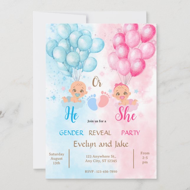 Convite Gender reveal baby shower blue pink boy girl (Frente)