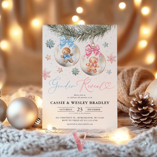 Convite Gender Reveal Gingerbread Baubles Baby Shower (Criador carregado)