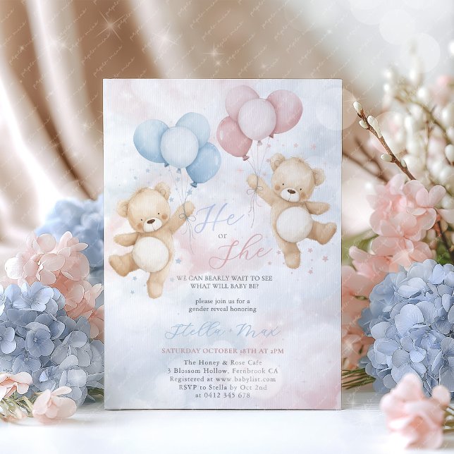 Convite Gender Reveal He or She Bear Balloon Invitation (He or She? We can bearly wait to see what will baby be?
Gender reveal in pink and blue )