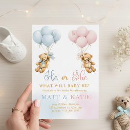 Convite Gender Reveal "He or She Bear Balloons Blue Pink 