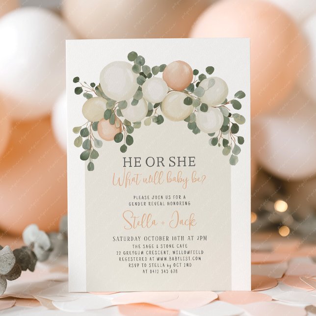 Convite Gender Reveal He or She Greenery Balloons  (He or She Gender Reveal Invitation | Sage green arch balloon garland invitation)