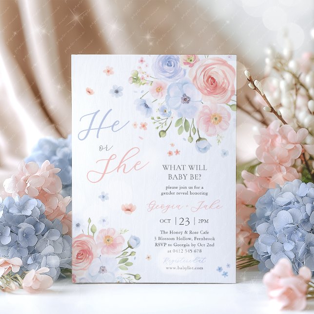 Convite Gender Reveal He or She Pink Blue Invitation (He or She what will baby be? Pink Blue floral gender reveal invitation)