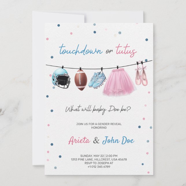 Convite Gender Reveal Invitation card with a football,tutu (Frente)
