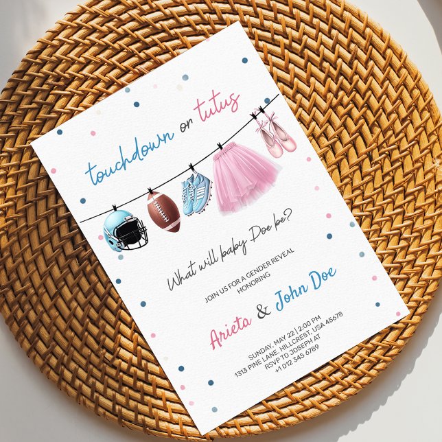 Convite Gender Reveal Invitation card with a football,tutu (Criador carregado)