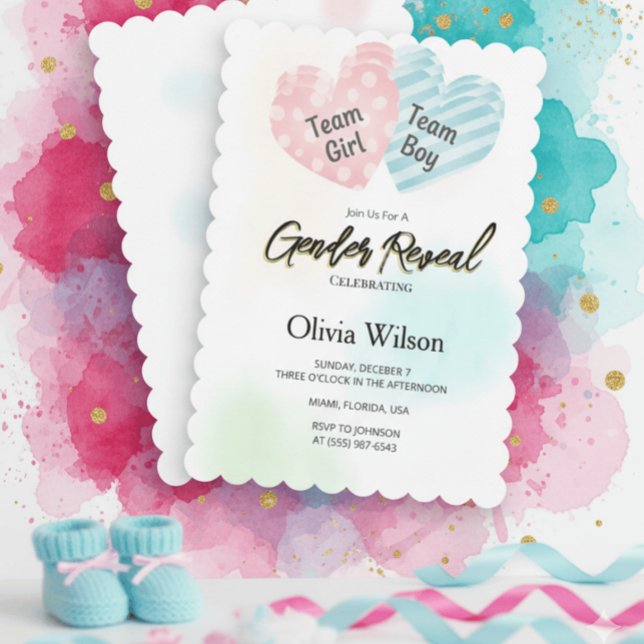 Convite Gender Reveal Invitation – Pink & Blue Watercolor  (Criador carregado)