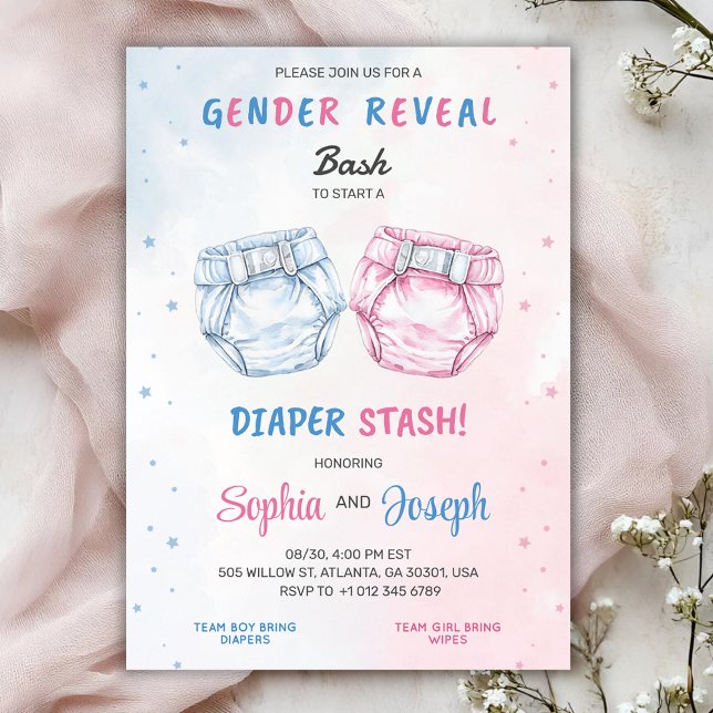Convite Gender reveal invitation with "Bash" and "Diaper  (Criador carregado)