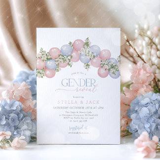 Convite Gender Reveal Pink Blue Balloon Floral Boy Girl