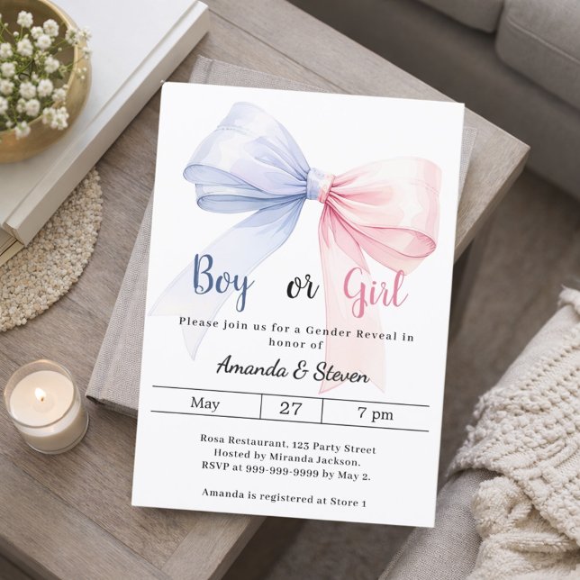 Convite Gender reveal pink blue bow boy girl (Criador carregado)