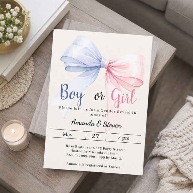 Convite Gender reveal pink blue bow ivory boy girl (Criador carregado)