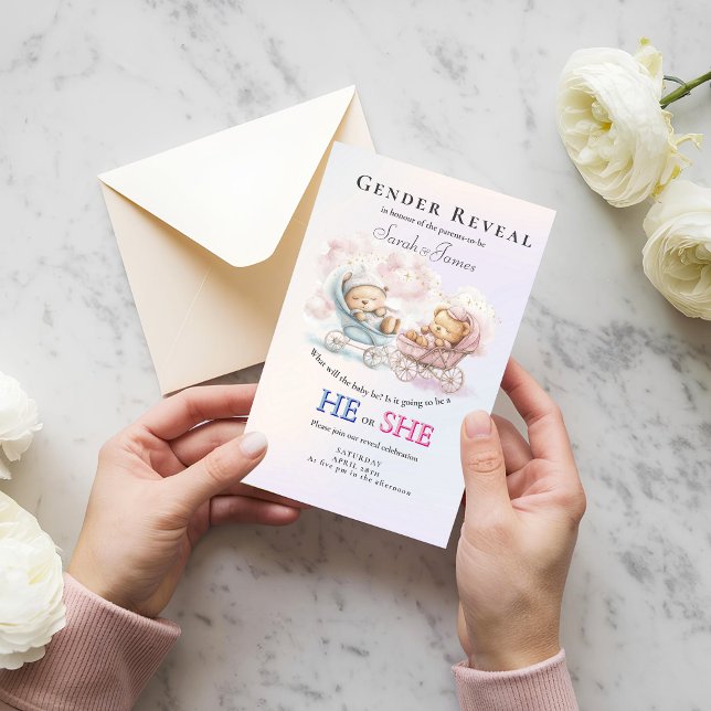 Convite Gender Reveal Stroller Teddies Invitation (Criador carregado)