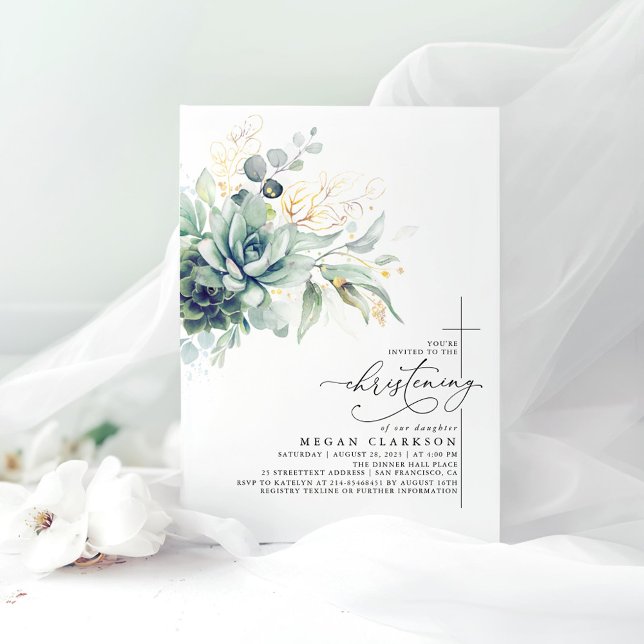 Convite Genérica Dourada Suculenta Deixa Cristãos Elegante (Succulents Greenery Christening Invitations)