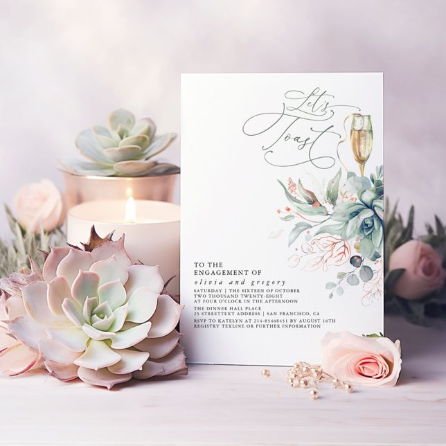 Convite Genérica Elegante Suculenta Deixa Festa de noivado (Greenery and Pink Gold Elegant Engagement Party Invitation Let's Toast)