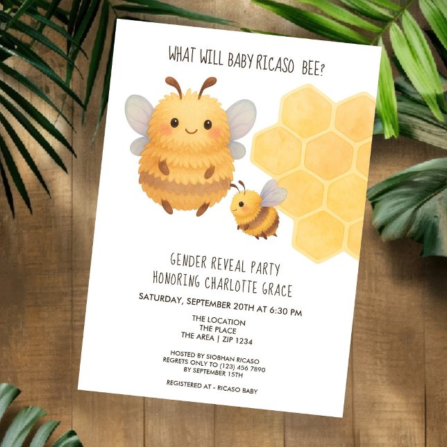 Convite Gênero Bonito Revela O Que Irá Bebê Ser Chá de fra (Cute Gender Reveal What Will Baby Bee Baby Shower Invitation by Ricaso. Fluffy Bumble Bee mom & baby)