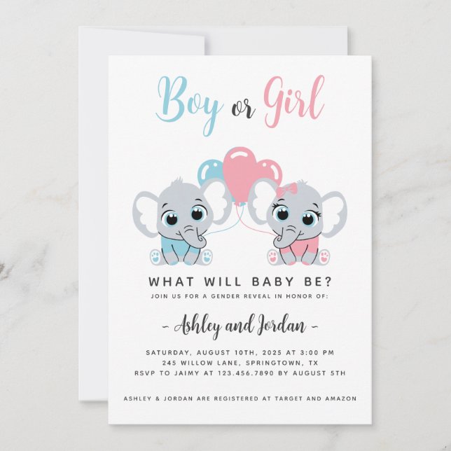 Convite Gênero de Elefante para Bebês Bonito Revelar Convi (Frente)