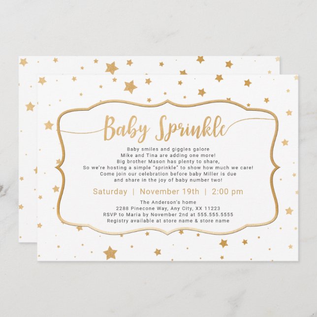 Convite Gênero neutro Xadrez para bebês - estrelas dourada (Frente/Verso)