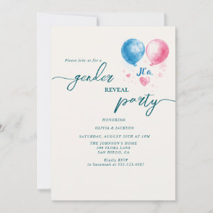 Convite gênero revela balões vermelho e azul de festa