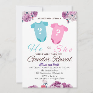 Convite Gênero revela Roxo e branco floral elegante