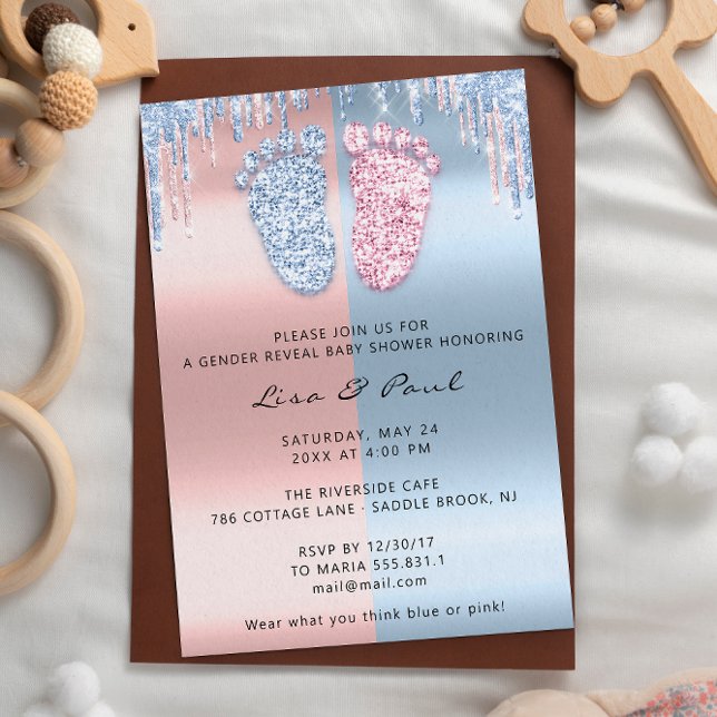 Convite Gênero Revelam Pés-Brilhante Rosa Menino Azul (Gender Reveal Feet Glitter Pink Blue Baby Boy Girl Invitation)