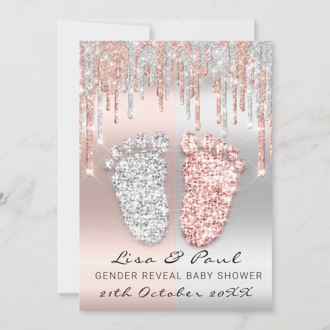 Convite Gênero Revelam Pés Gotas de Prata Rosa Menino (Verso)